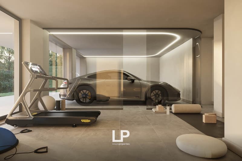 Luxury garage with a Porsche sports car, treadmill, and other fitness equipment. The garage has a modern, minimalist design with sleek lighting and a glass wall overlooking the outdoors.