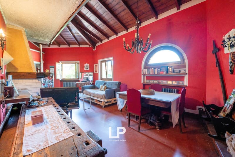 Red walls, wooden ceiling, chandelier, fireplace, sofa, desk, dining table, red chairs, wooden dining table, books, chair