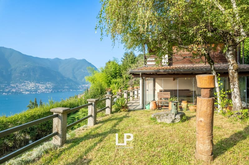Modern villa, elevated location, wooden exterior, glass walls, lake view, large lawn, wooden fence, tree, outdoor bench, large wooden poles