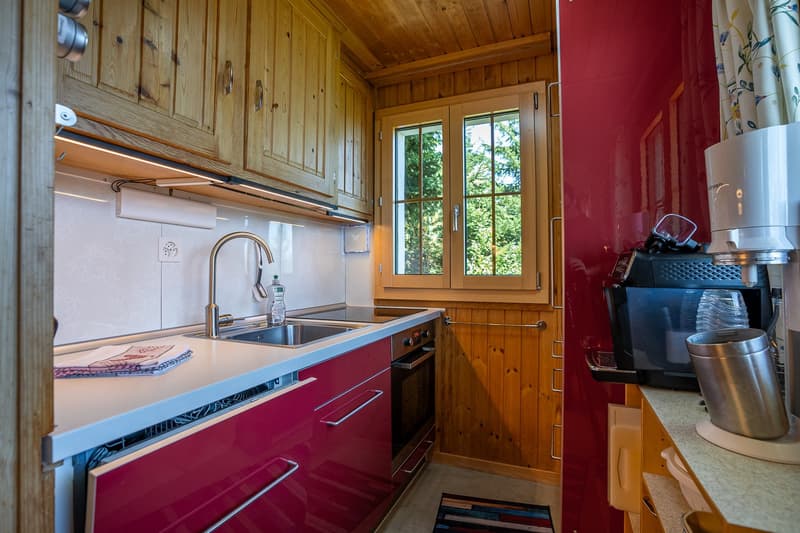 wooden cabinets, red drawers, granite countertop, stainless steel sink, dishwasher, built-in coffee machine, window with green view
