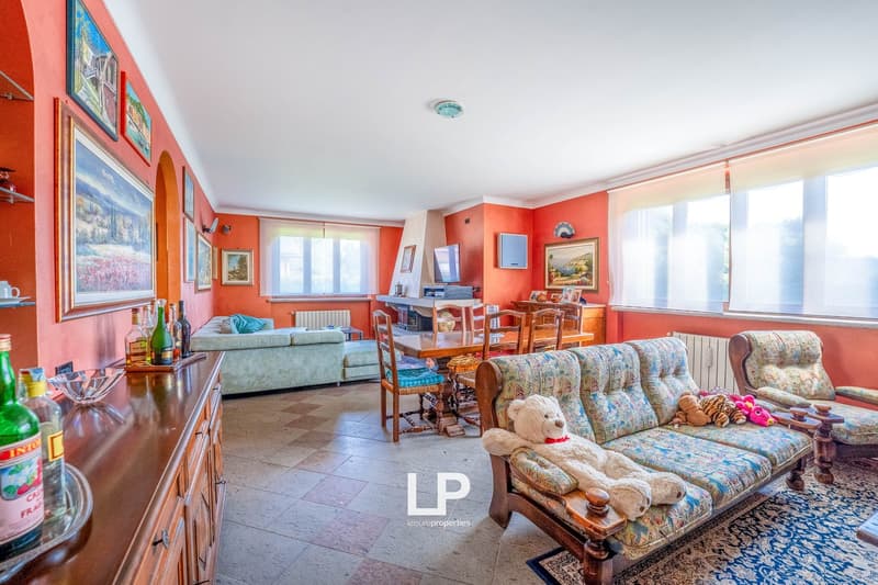 open space living room with orange walls, large couch, center table, chairs, dining table, fireplace, paintings on wall, wooden floor, two windows with white curtains