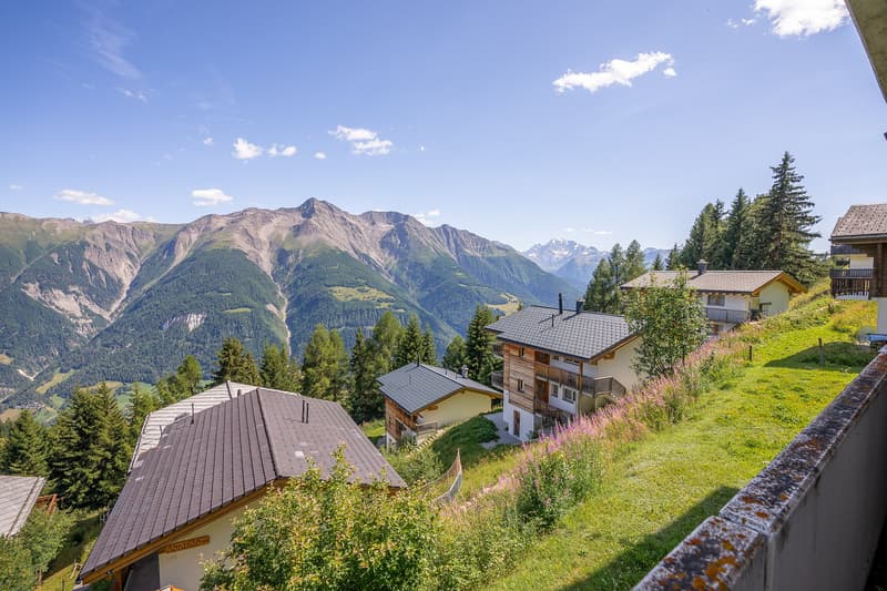 Group of houses on hillside, wooden exteriors, slate roofs, mountains in background, lush greenery, clear blue sky