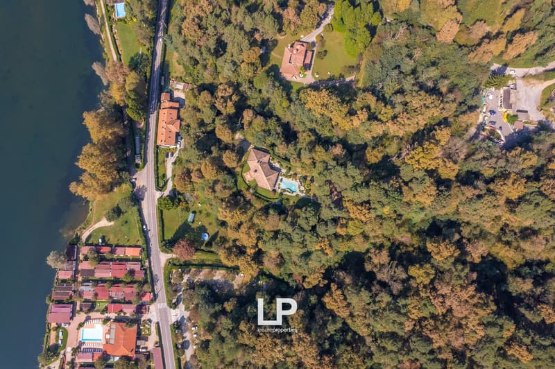 Aerial view of a residential area with several houses, swimming pools, and a road surrounded by trees and greenery.
