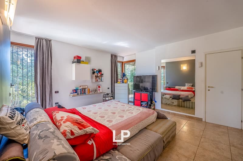 large bed, pillows, shelves, TV, mirror, window with curtains