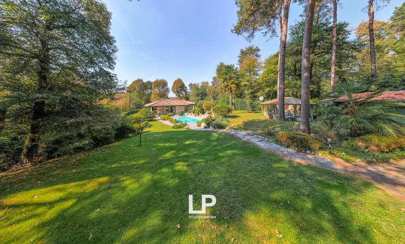 large green lawn, swimming pool, trees, house in the background