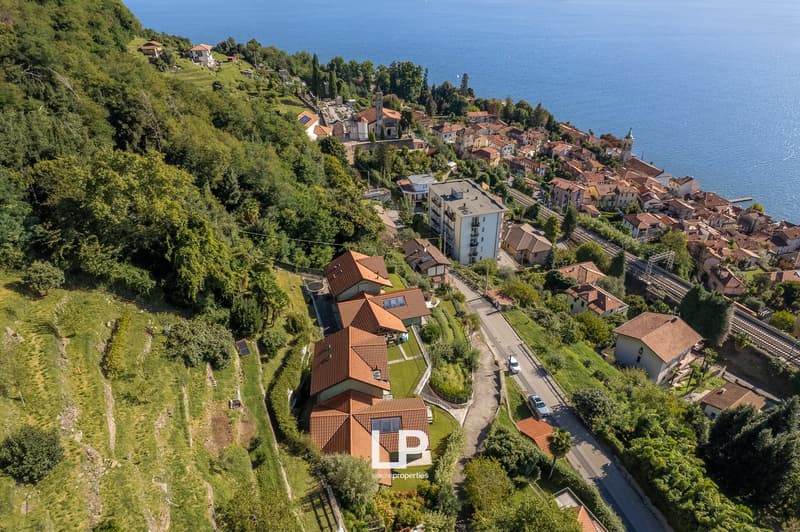 Cluster of houses on a hillside with sea view