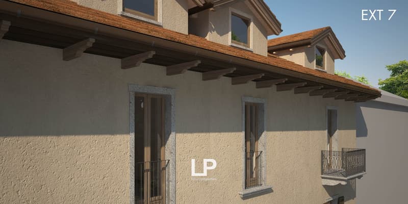 3 story house, beige stucco, brown roof, large balcony, large windows, wrought iron railings