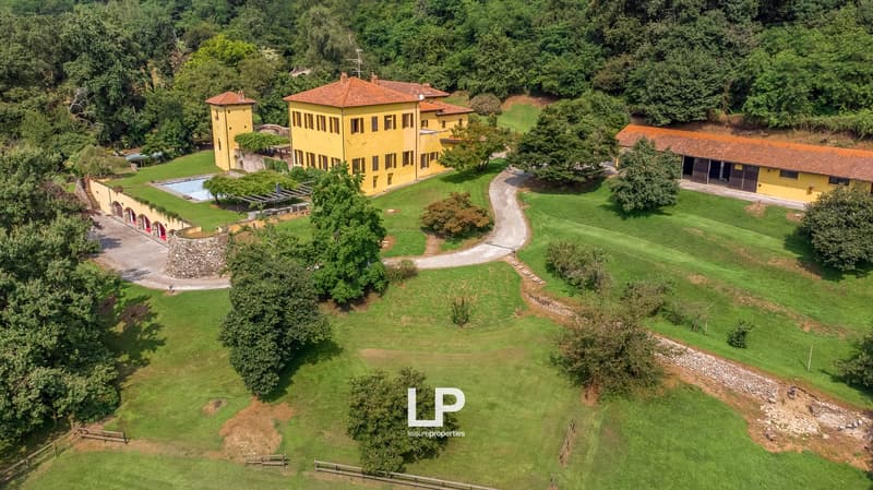 Large villa with swimming pool, several outbuildings, driveway, expansive grounds, surrounded by trees