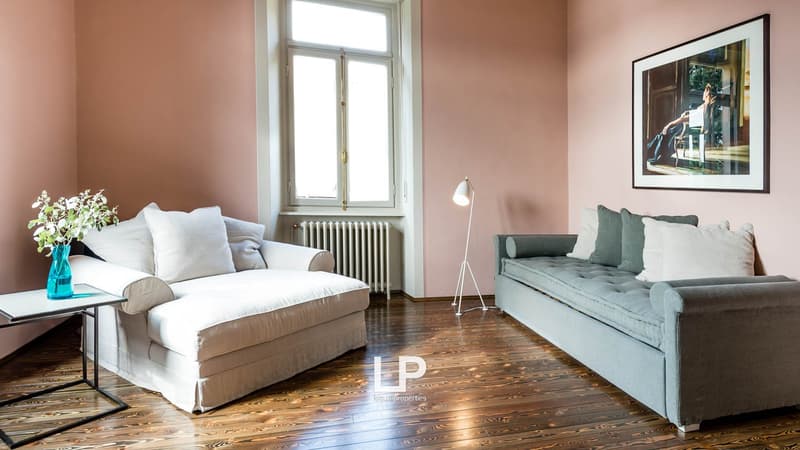 Two large couches with decorative pillows, wood floors, white walls, plants, a radiator, standing lamp, framed painting