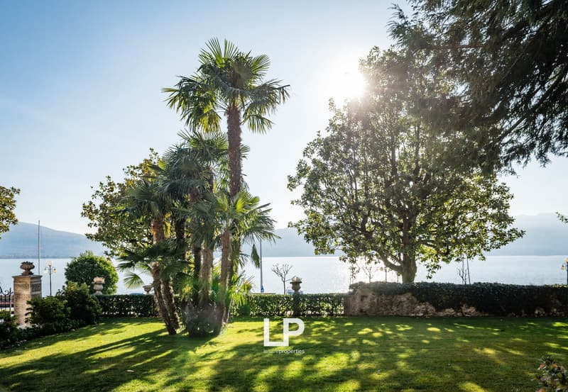 lush green lawn, trees, hedges, distant lake, sunlit area, shaded area, mountains in the distance