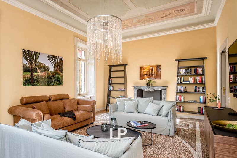 yellow walls, chandelier, two sofas, fireplace, large windows, bookshelves, tv