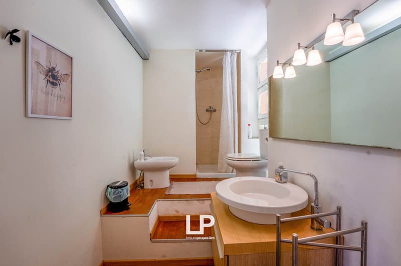 modern bathroom, white walls, white sink, white toilet, wooden floor, shower stall, large mirror, sink accessories, decorative picture