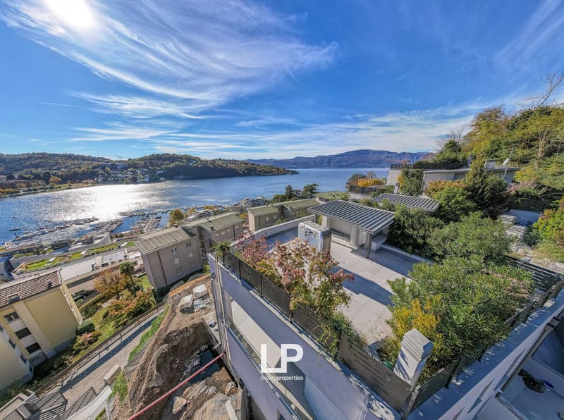 An aerial view of a house, a balcony with potted plants, a lake, and mountains in the distance