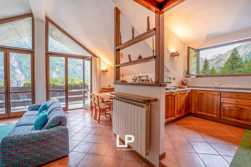 open floor plan, large windows, wooden radiator, tiled floor, colorful couch, dining table, kitchen with wooden cabinets