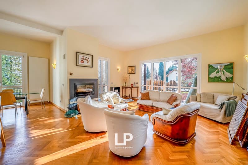 Wooden floor, fireplace, living room furniture, large windows, dining table and chairs