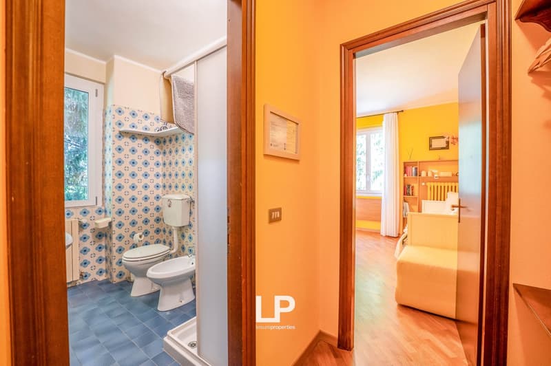 Bathroom with toilet, bidet, sink, shower, radiator, blue and white tiles, yellow walls, shower curtain, picture frame, and an open door leading to another room with a couch and wooden floor.