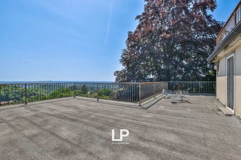 Balcony with railings, large open space, tree, distant hills, clear sky