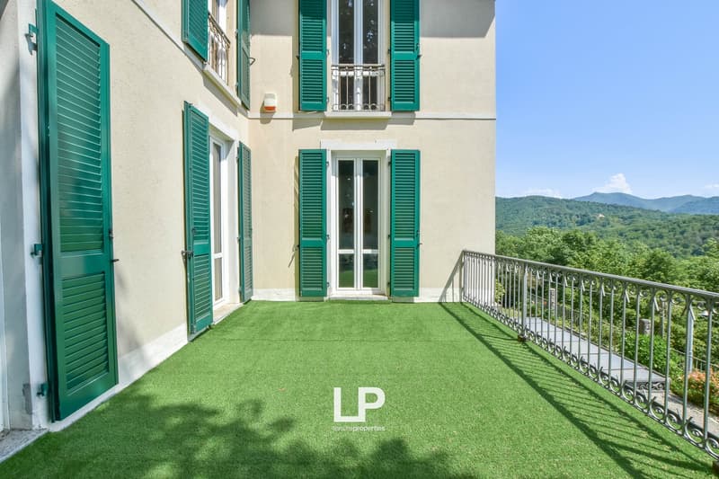 exterior of the house, green windows, tiled roof, balcony with railings, artificial lawn, mountains in the distance