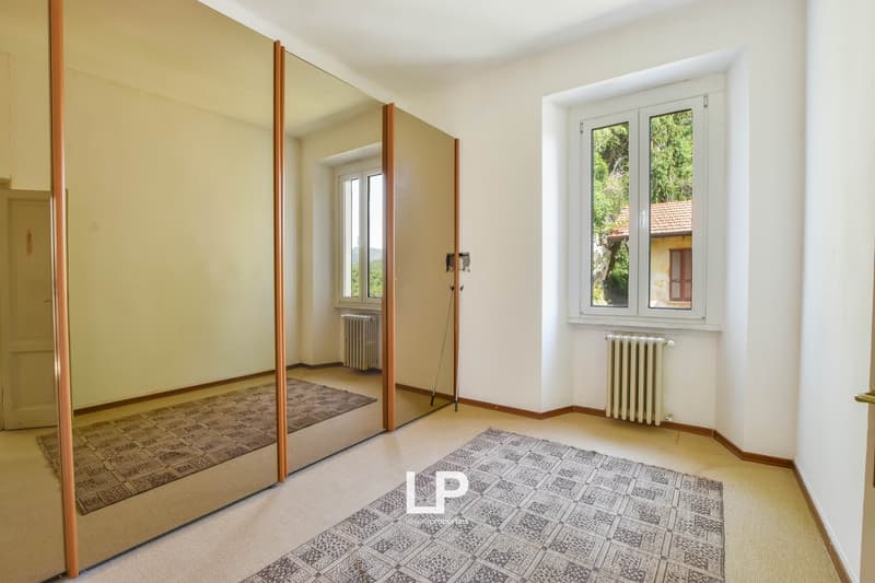 Spacious room with large mirror, carpeting, windows, radiator, and rug.