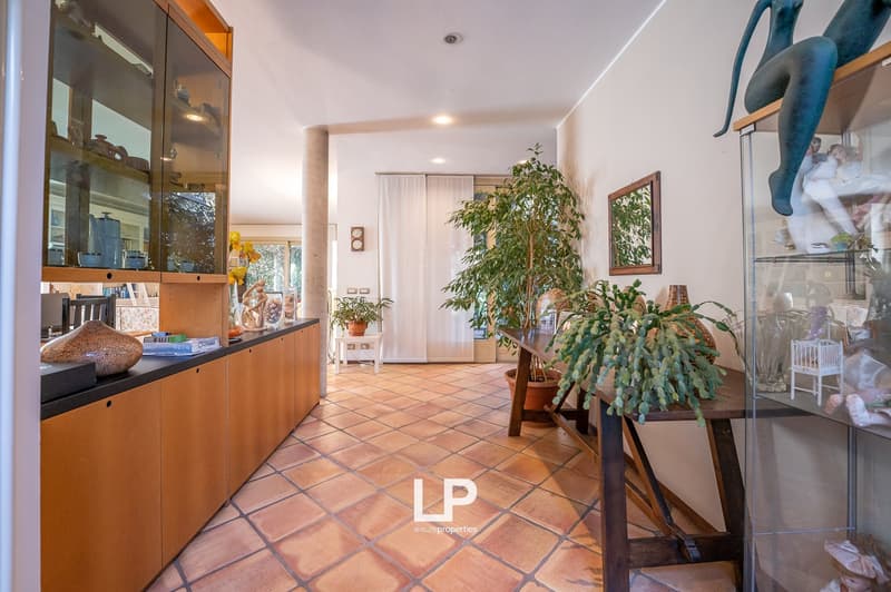 terracotta tiles, wooden tables, wooden cabinets, indoor plants, framed photo on wall