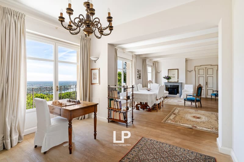 wooden floor, chandelier, chess table, book shelves, dining table, fireplace, balcony, rug