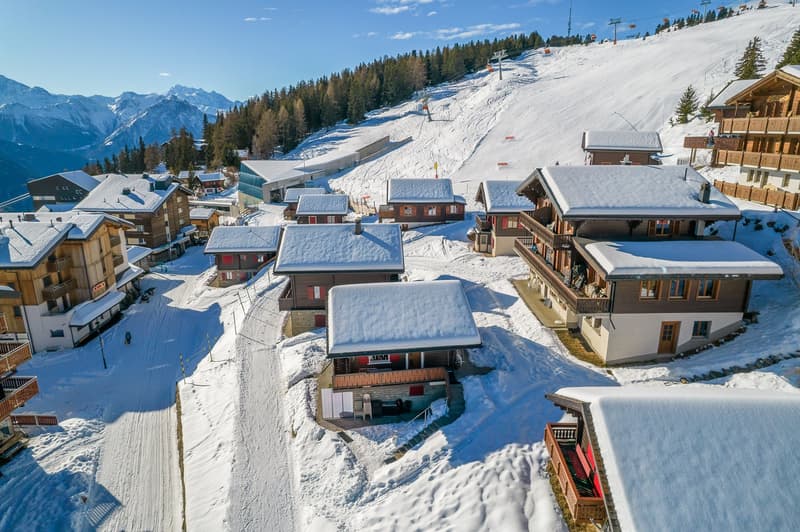 Multiple chalets nestled in a snowy alpine landscape, with ski slopes and pine forests