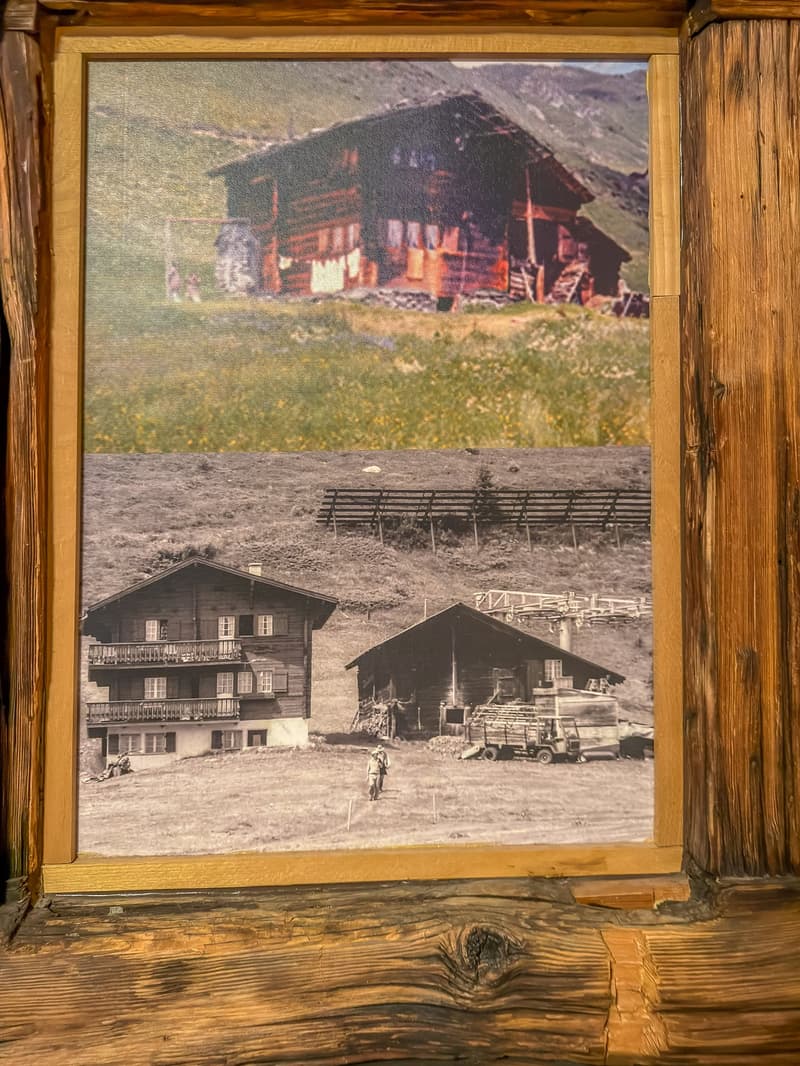 Two images: upper photo of a wooden house with red roof set against a mountainous background and lower photo of a wooden house with people standing outside