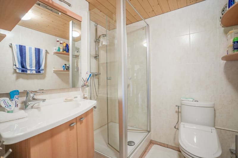 white tiled walls, silver toilet, white vanity, shower, towels, toiletries