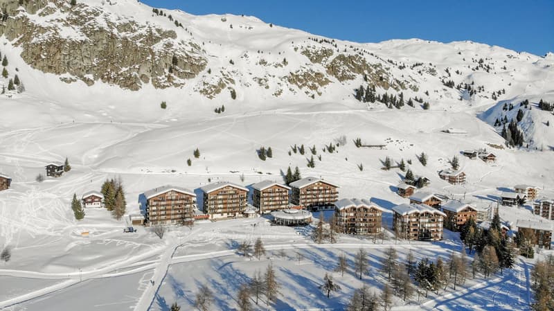 Cluster of chalet-style buildings surrounded by snow and mountains