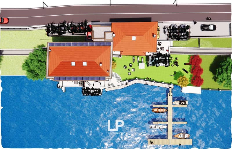 House with 3 stories, orange roofs, solar panels, private pool, boat docks, garden
