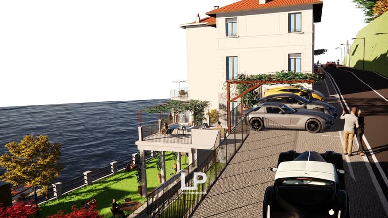 white house, orange roof, large balcony with lounge chairs, cars parked on driveway, scenic waterfront, greenery