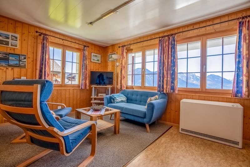 Living room with wooden walls, carpet floor, wooden chairs, blue couch, coffee table, TV, windows, heater