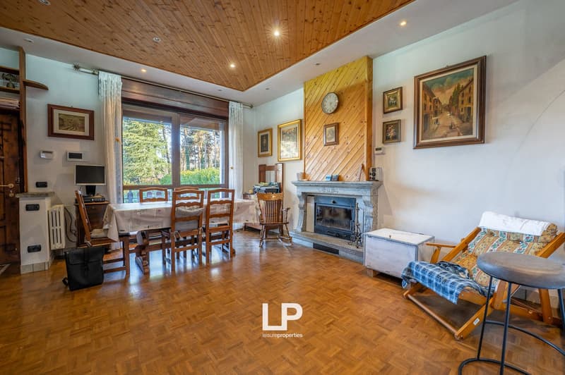 Fireplace, hardwood floor, dining table, chairs, paintings, radiator, clock, radiator