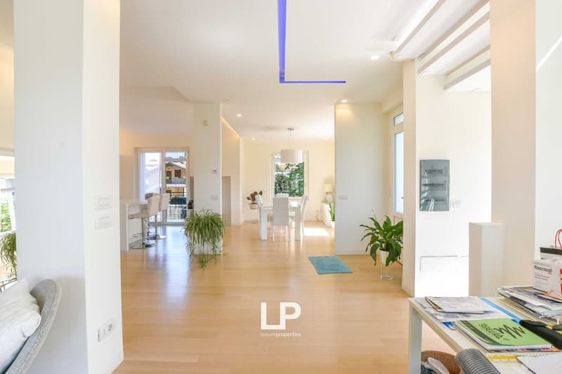 Spacious open-plan living area with hardwood floors, white walls, large windows, and a balcony. The room features a dining area with a table and chairs, and a living room with a sofa and potted plants. There is also a kitchen visible in the background.