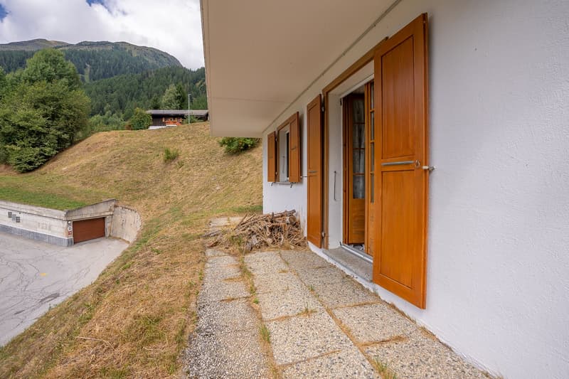 Facade of a house, covered by a roof, concrete path leading to the front entrance, wooden shutters, garage on the left side, distant view of a house on a hill, green meadow with some trees