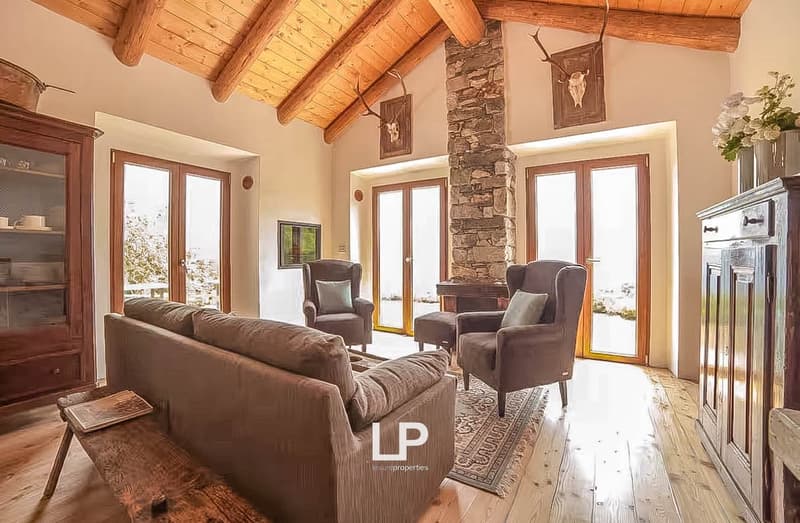 Wooden beams, sofa, two armchairs, fireplace, wooden floor, stone pillar, windows, picture frame, flower vase