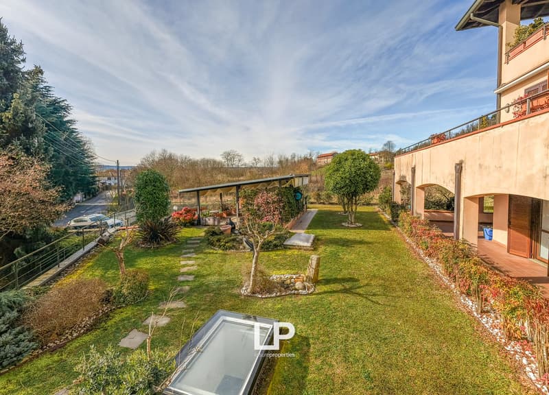 Aerial view of the garden with various plants, a pergola, stone pathway, grassy lawn, trees, and shrubs, along with a car parked nearby.