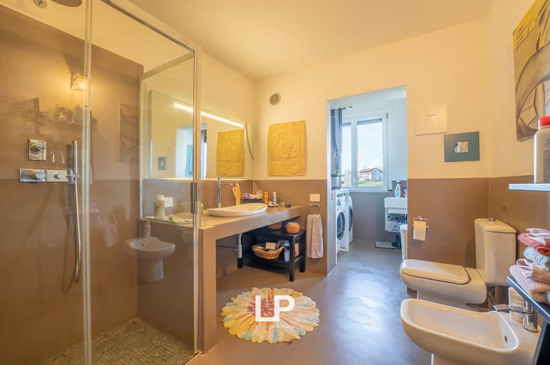 walk-in shower, white sink, white toilet, bidet, washing machine