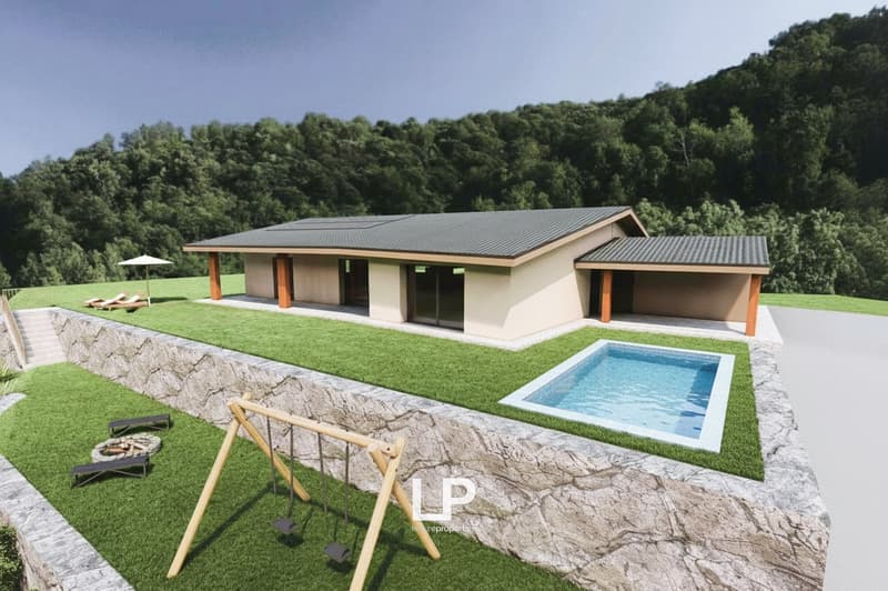 Modern house, 3 bedrooms, 2 bathrooms, swimming pool, solar panels, fire pit, garden swing, lounge chairs, patio with an umbrella, mountain view
