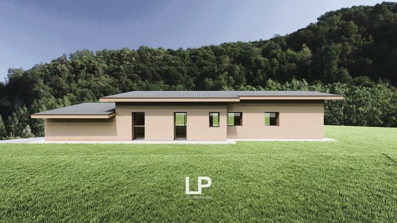 Modern design house with flat roof, multiple windows, surrounded by greenery