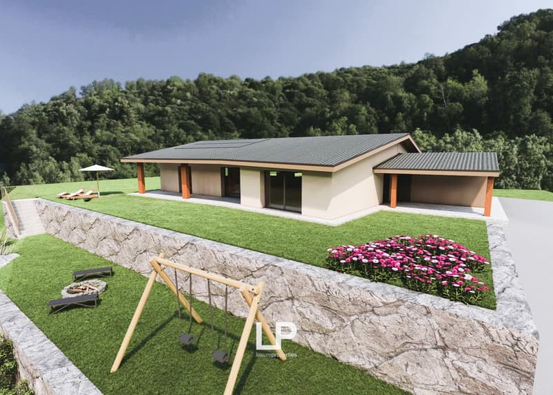 modern house, raised ground floor, solar panels, garden, swing, green lawn, flower bed, barbecue