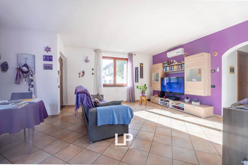 Modern living room with gray couch, tile flooring, purple walls, wooden cabinets, TV, small window, side table, plant.