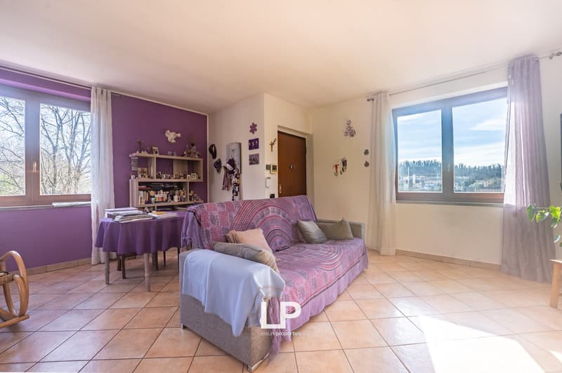 purple walls, dining table, grey sofa, large windows, tiled floor