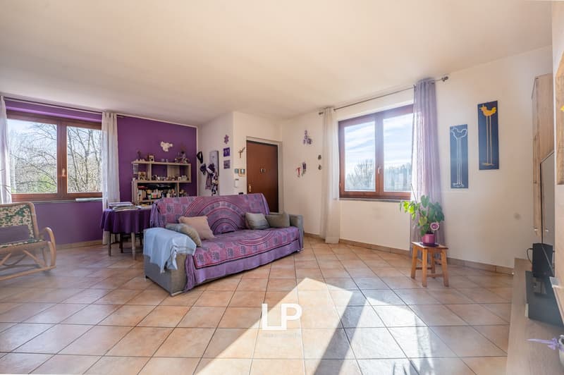 large sofa, decorative pillows, small table, chair, two large windows, wooden floor, artwork on the wall
