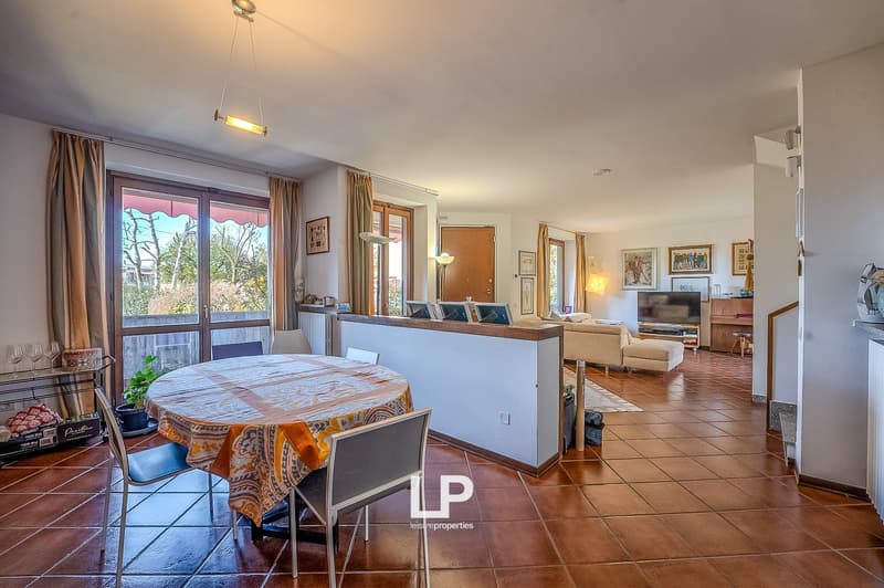 living area with dining table, couch, tv, large windows, plants