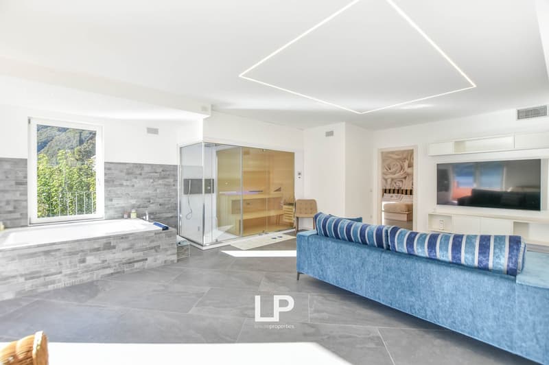 large window, bathtub, glass wall sauna, modern furniture, flat screen TV