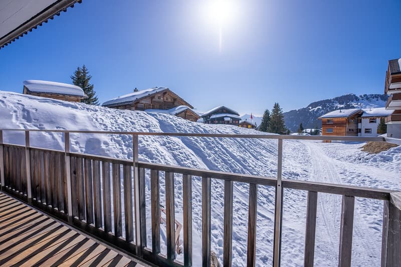 wooden balcony railing, wooden floor, snowy mountain in the background