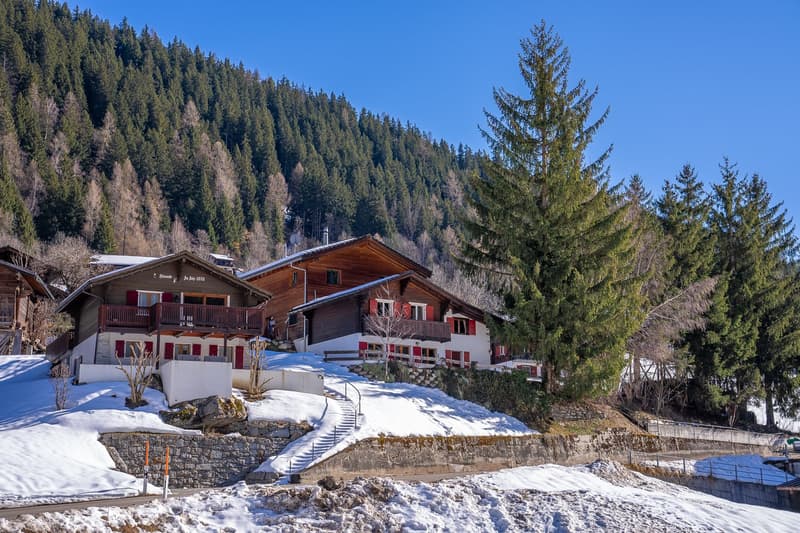 wooden chalet, red shutters, balcony, snow-covered ground, mountain view