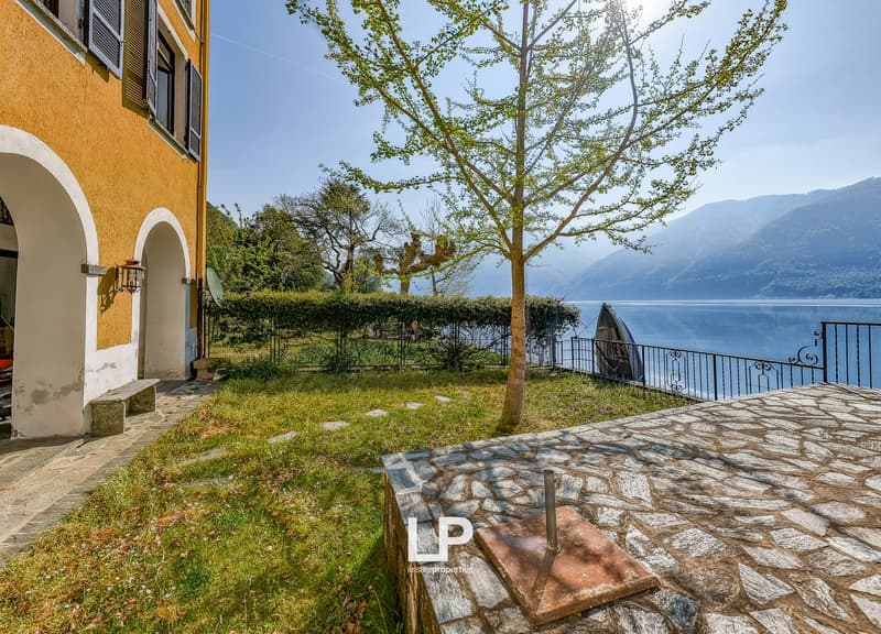 Stone paved garden with a tree, stone bench, and a view of the lake