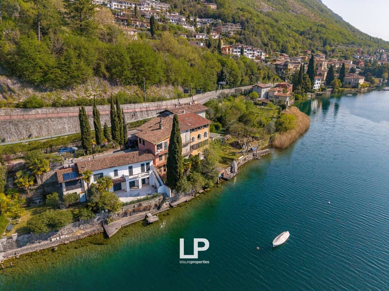 House on the lake, surrounded by trees, solar panels on the roof, mountain in the background